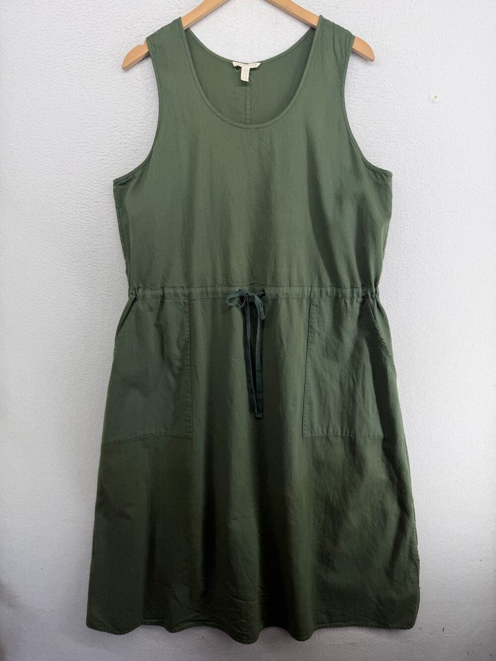 EILEEN FISHER Dress XL Soft Organic Cotton Twill Sleeveless Drawstring Green